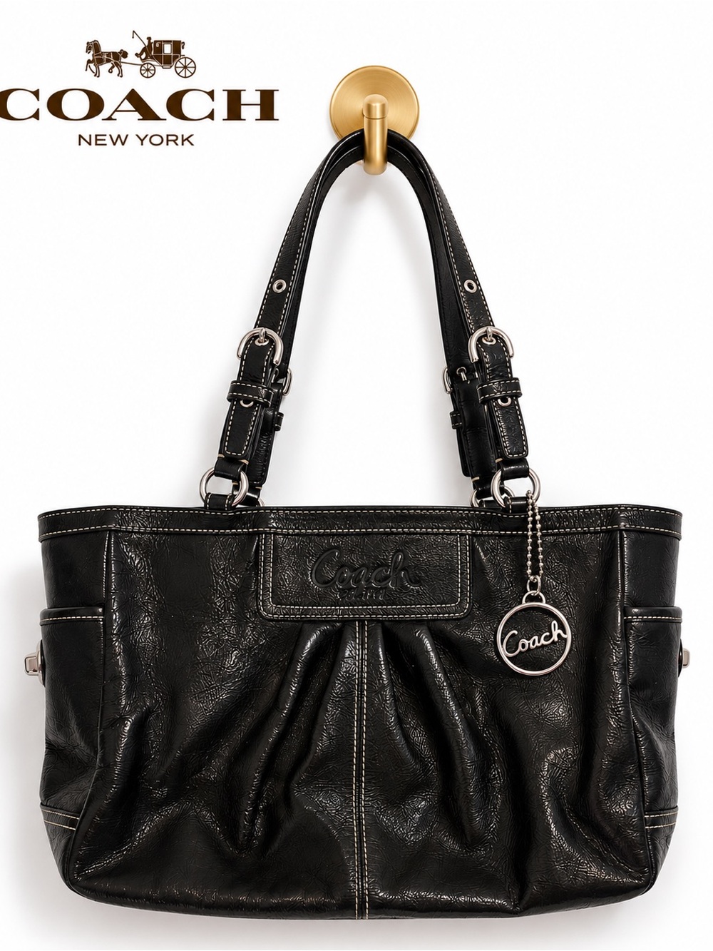Coach East West Gallery Pleated Patent Leather Tote Shoulder Bag – Black